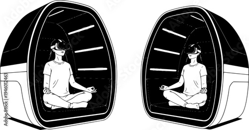 Person Practicing Mindfulness and Digital Wellness in High-Tech Zen Pod with Soft LED Lighting, Future Mental Health and VR Meditation Concept