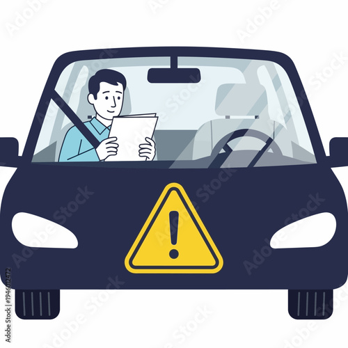 Man driving car with warning sign on front.