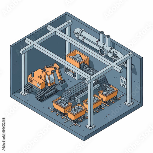 Industrial Mining Excavator and Conveyor System in Operation.