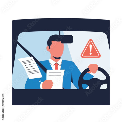 Man in suit driving car with important documents.