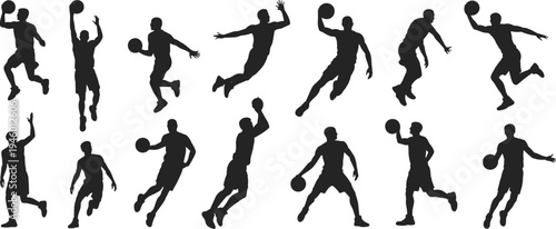 Silhouette basketball players dynamic poses, dribbling, shooting, passing, jumping action vector illustration for sports design and athletic concept