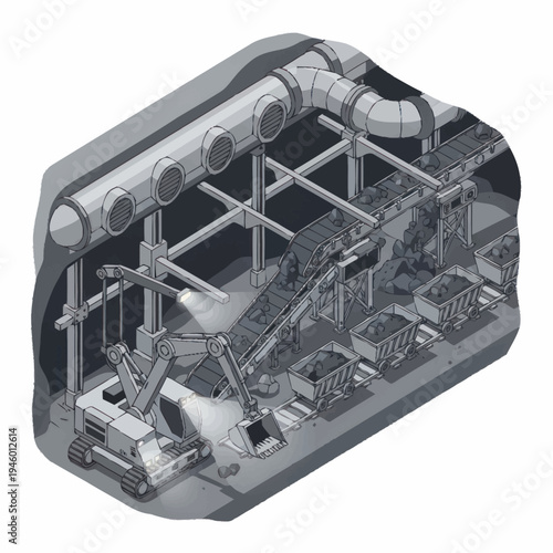 Industrial Mining Tunnel Excavation and Material Transport System.