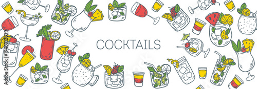 Hand drawn cocktail sketch frame . Whimsical food and drink doodles set. Hand drawn vector illustration for menu, packaging design. Cocktails quirky icons, simple sketch style. Partially colored
