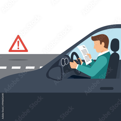 Man driving car reading document attentively.