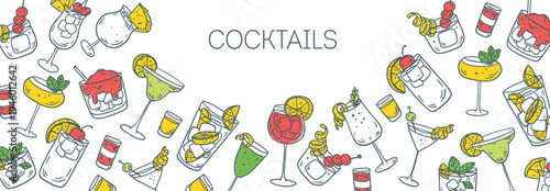 Hand drawn cocktail sketch frame . Whimsical food and drink doodles set. Hand drawn vector illustration for menu, packaging design. Cocktails quirky icons, simple sketch style. Partially colored
