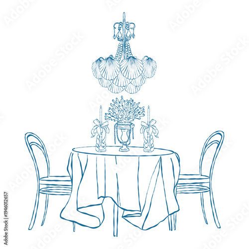 Romantic dinner, elegant table setting. Candles, bows, a chandelier with shells, nautical-themed decor. Doodle illustration for a coastal wedding. Hand-drawn romantic dinner. Vector outline clip art.
