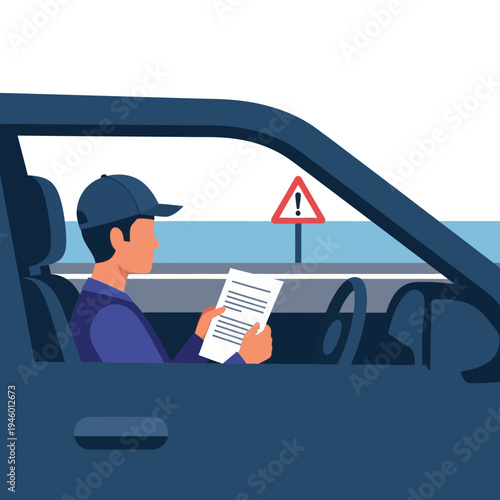Man in car reading document with attention.