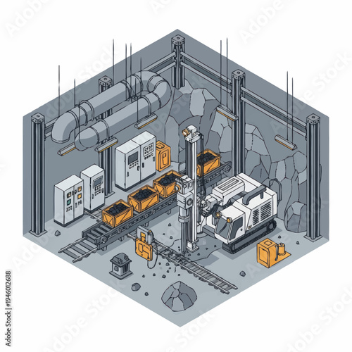 Isometric Mining Drill Machine Excavating Underground Ore.