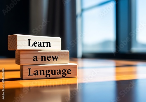 Wooden blocks encouraging language learning on a reflective surface