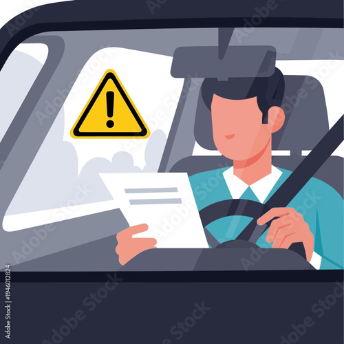 Man driving car reading document with warning sign.