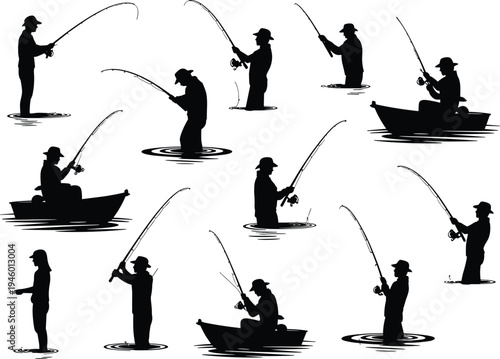 "Fishing silhouettes illustration, people fishing with rods, boats and water scenes, outdoor recreation, angler lifestyle, fishing activity collection"