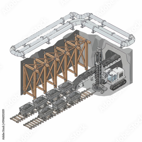 Mining tunnel construction with drilling machine and ore carts.
