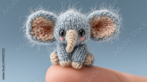 A little elephant puppet made by wool on a human's finger.