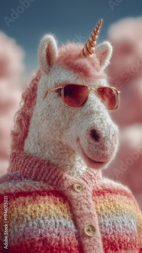 Fantasy portrait of a nice unicorn wearing a knitted pullover with pink clouds on the background. 