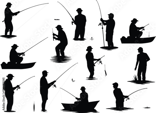 "Fishing silhouettes collection, people fishing with rods, boats and water activities, recreational fishing lifestyle, outdoor hobby illustration"
