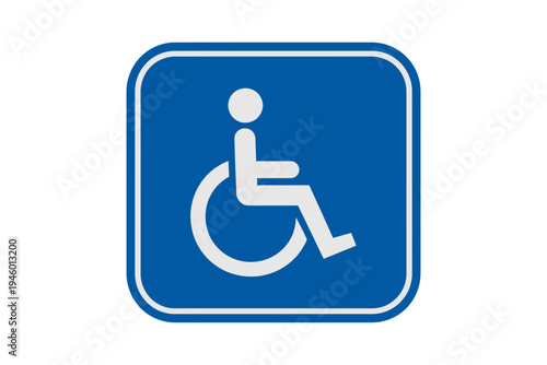 A blue and white vector graphic icon of a person in a wheelchair, symbolizing accessibility and disability awareness.