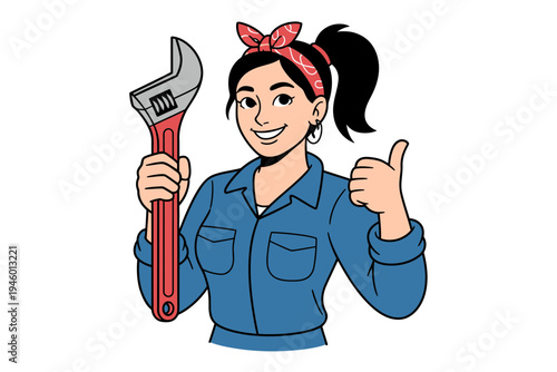 A cartoon woman in a blue jumpsuit holding a wrench and giving a thumbs up