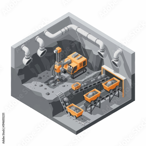 Mining Excavator and Conveyor Belt System in Underground Operation.