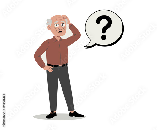 A cartoon elderly man with a puzzled expression and a question mark in a speech bubble, symbolizing confusion or uncertainty.