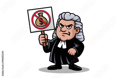 A cartoon judge holding a sign prohibiting money, symbolizing a ban on corruption or financial transactions.