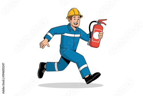 A cartoon firefighter in a blue uniform and yellow helmet running with a red fire extinguisher in hand.