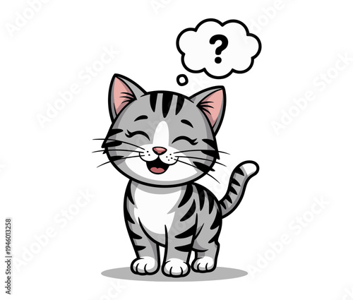 A curious cartoon cat with a thought bubble and a questioning expression