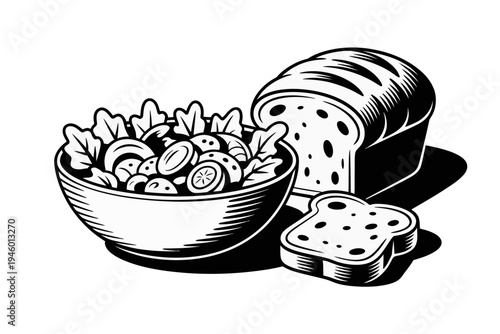 A vector graphic illustration of a bowl of cereal with sliced bread on a white background