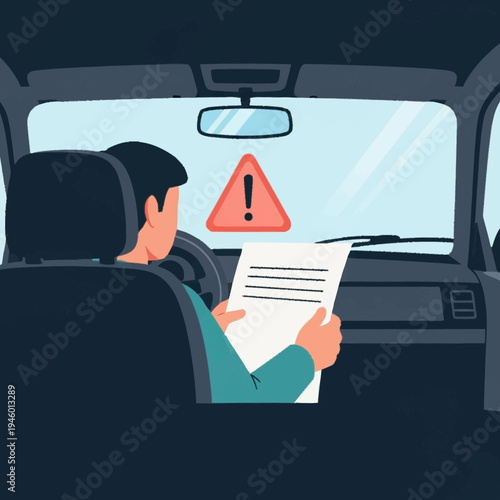 Driver reading document with warning sign on windshield.
