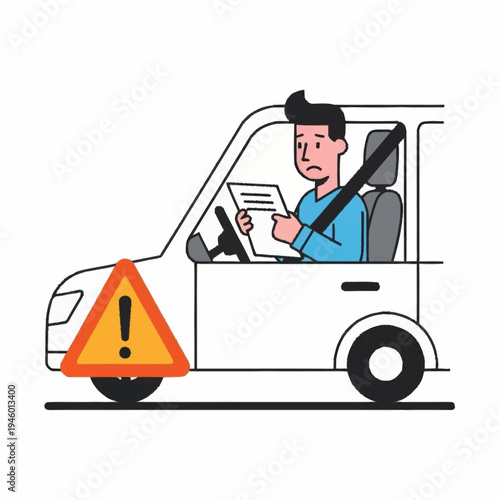 Man driving car with warning sign and paper.