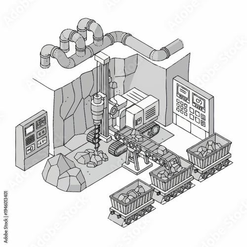 Mining operation with drilling and transport system.