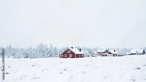 Winter Village Image of Traditional Red Homes Surrounded by Snow-Covered Trees and Fields in Serene Countryside