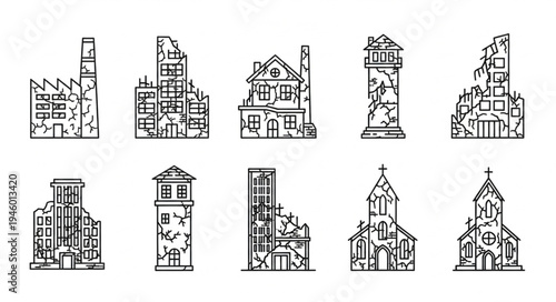Collection of Damaged Buildings in Line Art Style.