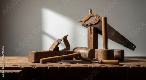 Woodworking Tools Image of Vintage Hand Tools Including Saw, Mallet, Chisel, and Plane on Rustic Workbench