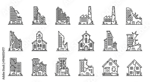 Collection of Damaged Buildings and Structures in Vector Format.