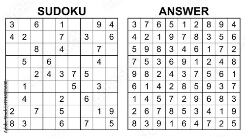 Vector sudoku with answer 54. Educational game with numbers for kids and leisure for adult on white background.	