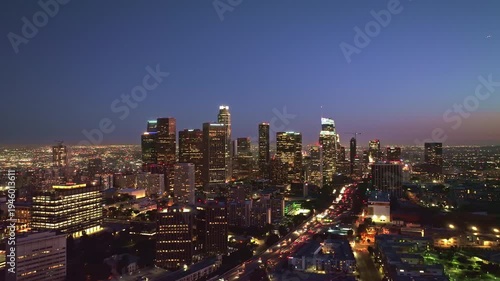 LA downtown night motion. Los Angeles night timelapse. Los Angeles skyline in motion. Downtown Los Angeles lights. Los Angeles night drone shot.