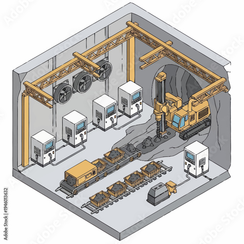 Tunnel Boring Machine and Construction Equipment in Underground Operation.