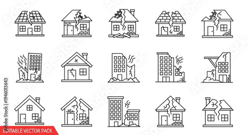 Hand-Drawn Illustrations of Damaged Buildings After a Disaster.