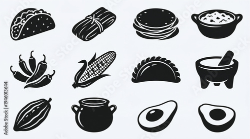 Collection of Mexican food icons including tacos, tamales, tortillas, chili peppers, corn, avocado, and more