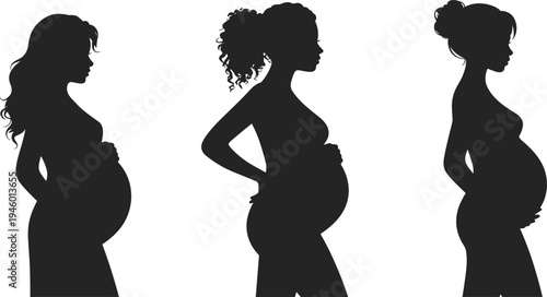 Silhouette of pregnant women standing in profile, diverse hairstyles, maternity concept, family planning, maternal health, pregnancy illustration