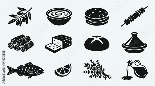Monochrome vector icons of Mediterranean and Middle Eastern food. Set features olives, fish, bread, cheese, kebabs, and tagines, perfect for menus and culinary designs