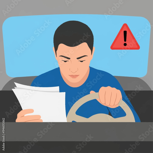 Man Driving Car Reading Document Danger Warning.