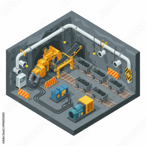 Isometric Coal Mining Machine and Wagons in Underground Mine.