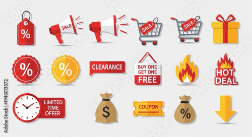 Collection of sale and discount icons for marketing campaigns.