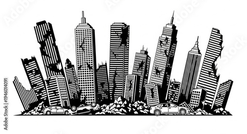 Monochrome illustration of a cityscape with damaged and leaning buildings.