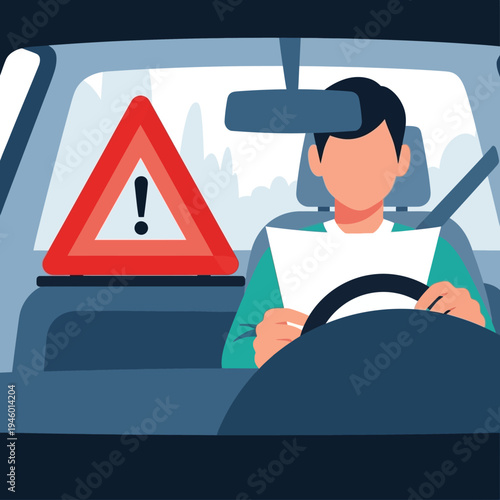 Man driving car with warning sign on dashboard.
