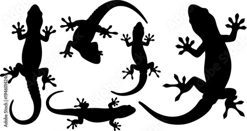 Set of 6 Black Gecko Lizard Silhouettes Vector Illustration for Wildlife, Reptile, or Nature-Themed Designs and Marketing Materials