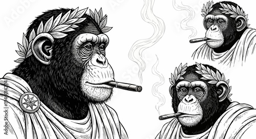 Set of 3 Chimp Emperor Illustrations with Laurel Wreaths and Cigars, Hand-Drawn Black and White Vector Art for Humorous or Satirical Content