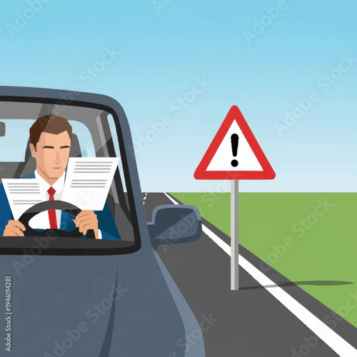 Man driving car reading documents on road with warning sign.