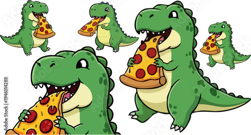 Cute Green Cartoon Tyrannosaurus Rex Dinosaur Eating a Slice of Pepperoni Pizza Vector Illustration Set for Kids' Designs and Food Concepts
